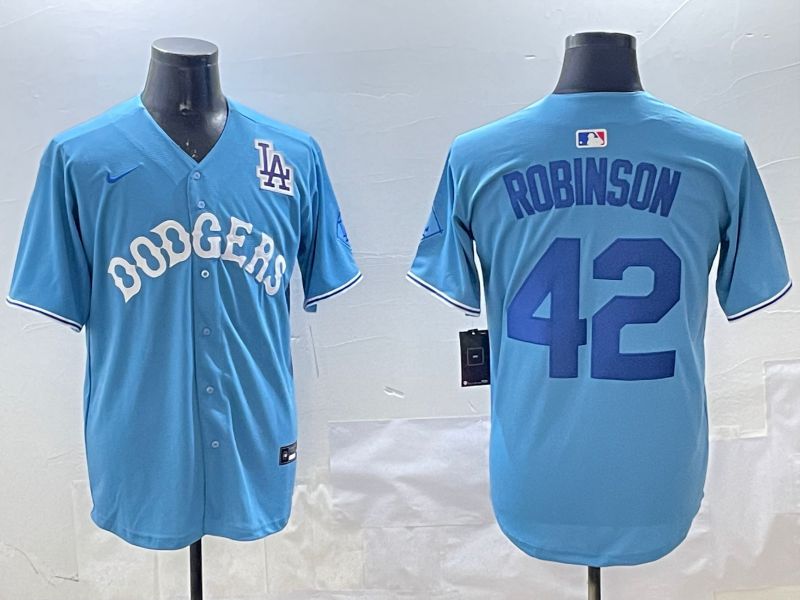 Men Los Angeles Dodgers #42 Robinson Light Blue Joint Name 2025 Nike MLB Jersey style 7